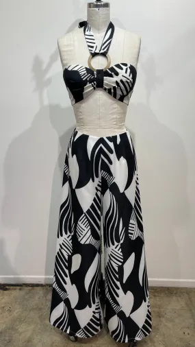 2pc set- print halter bra top & wide leg pants