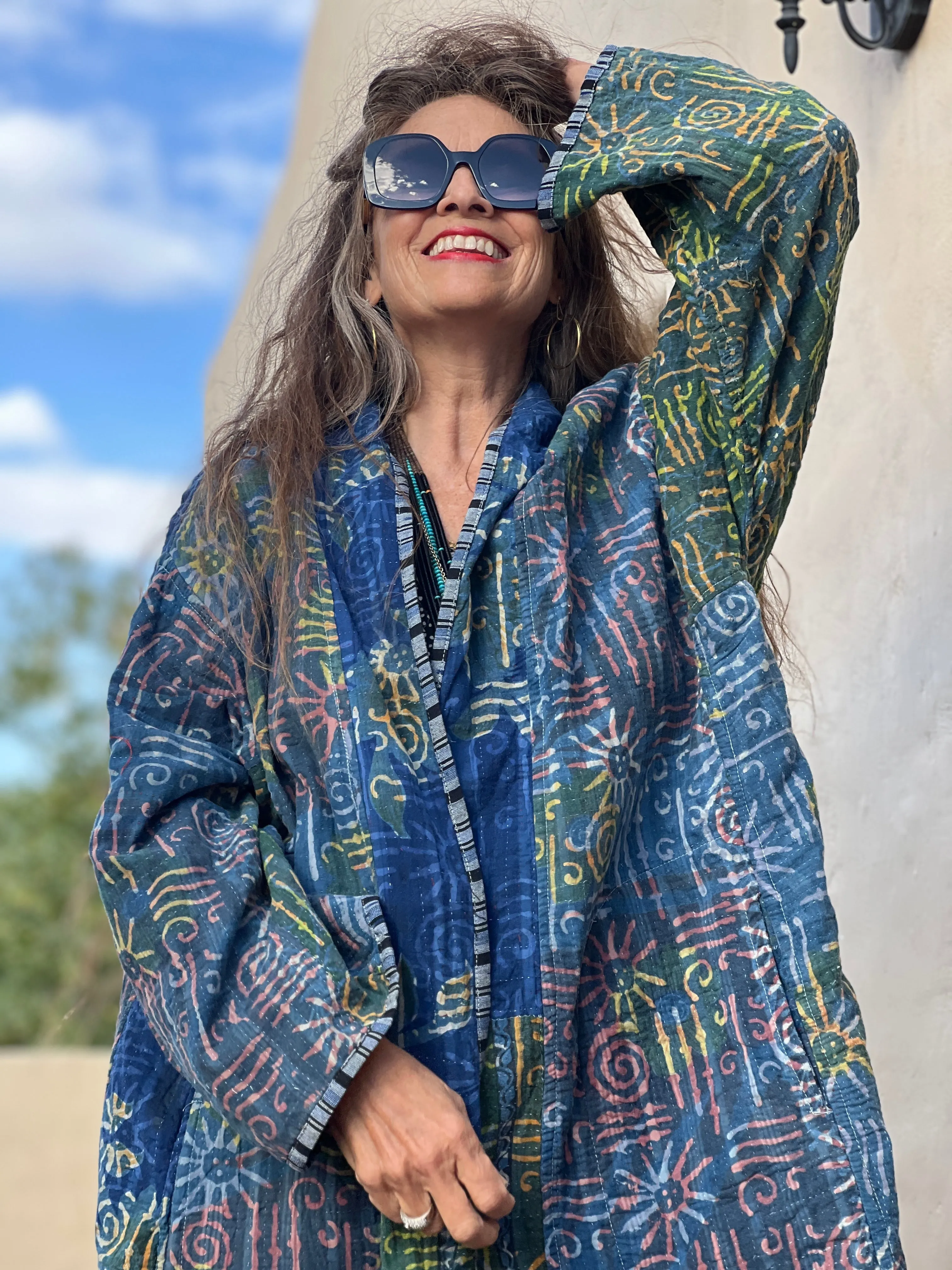 Aesha Indigo Cotton Vintage Quilted Kantha Coat One of a Kind