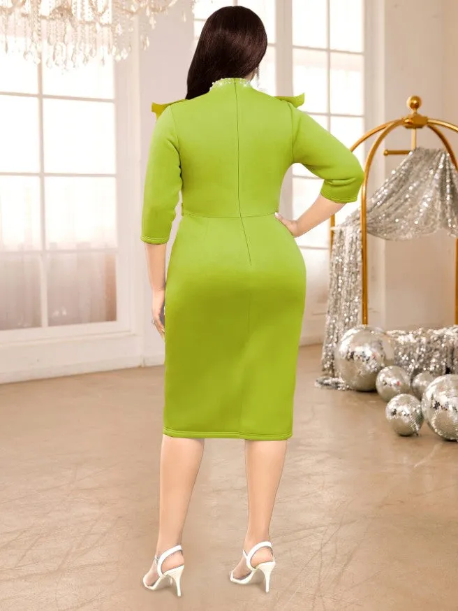 AOMEIDRESS Bodycon Dress Stand Collar Mesh Patchwork Beading Ruffles