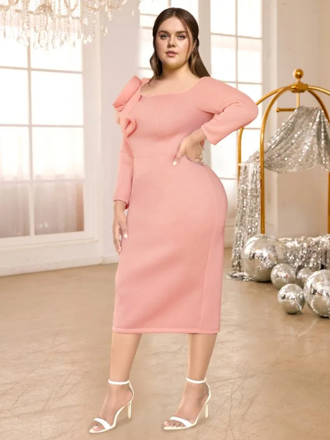 AOMEIDRESS One Shoulder Dress Pink Flower Long Sleeves Package Hip