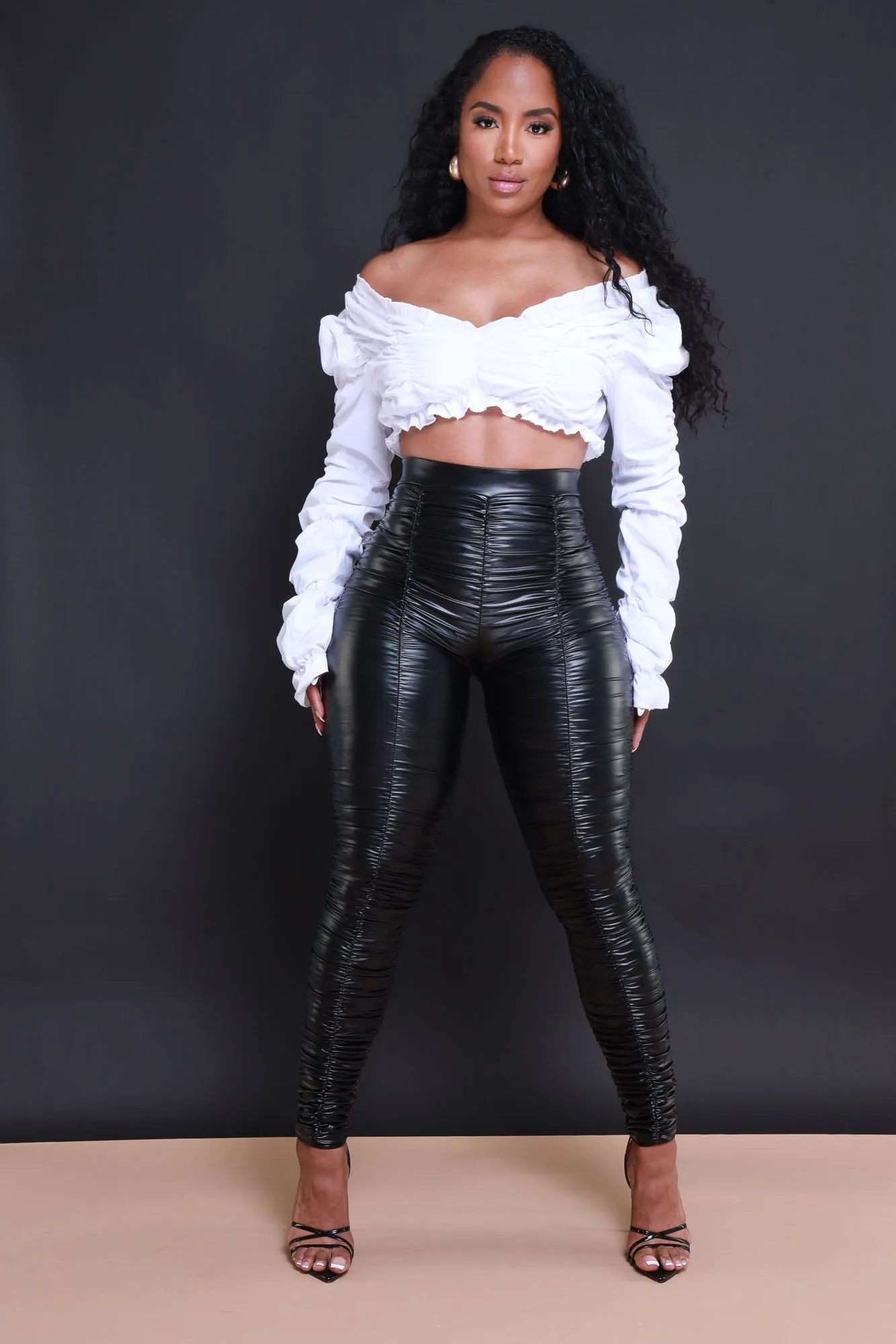 Be Honest Ruched High Waist Pants - Shiny Black Faux Leather Leggings
