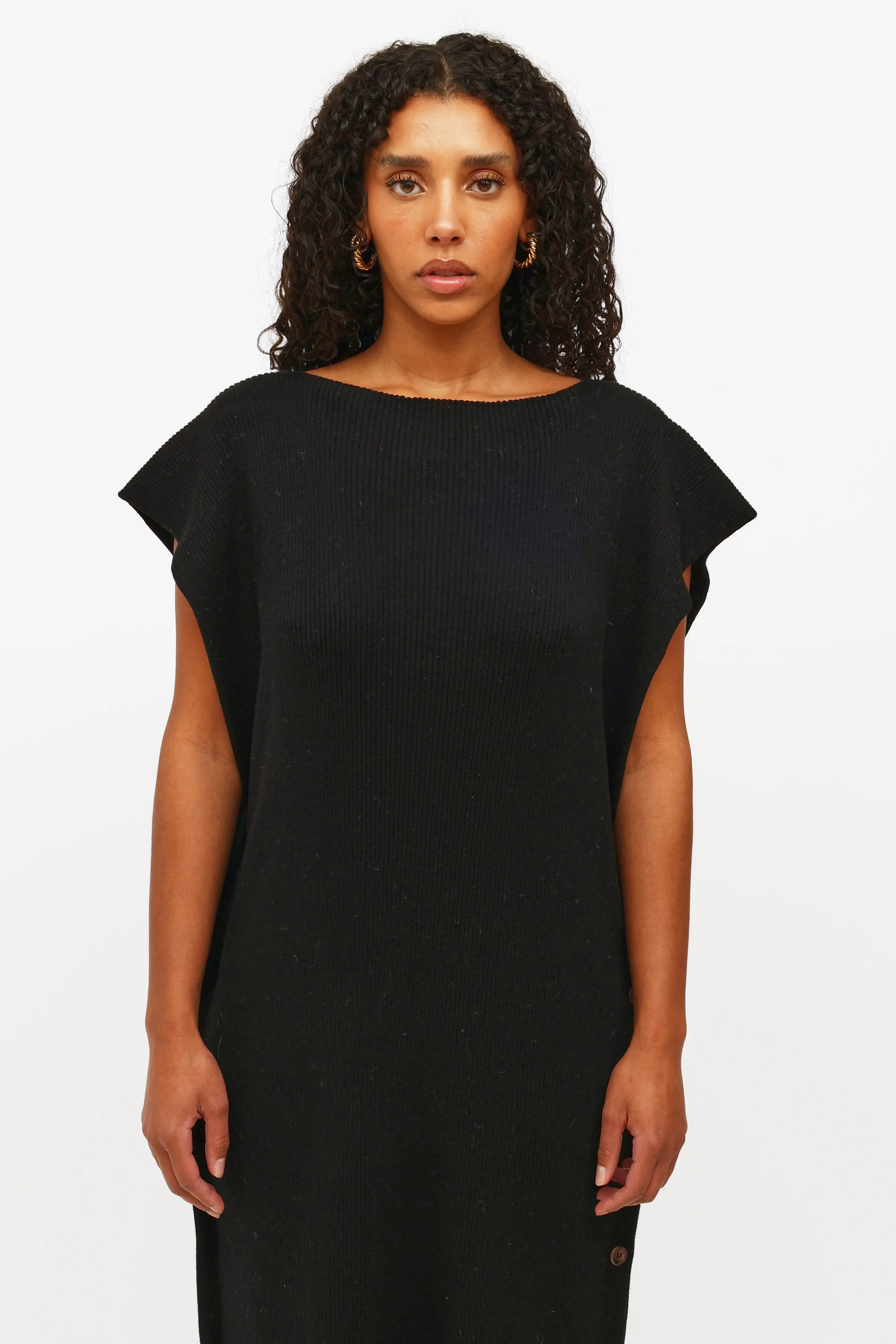 Black Rib Knit Sleeveless Dress