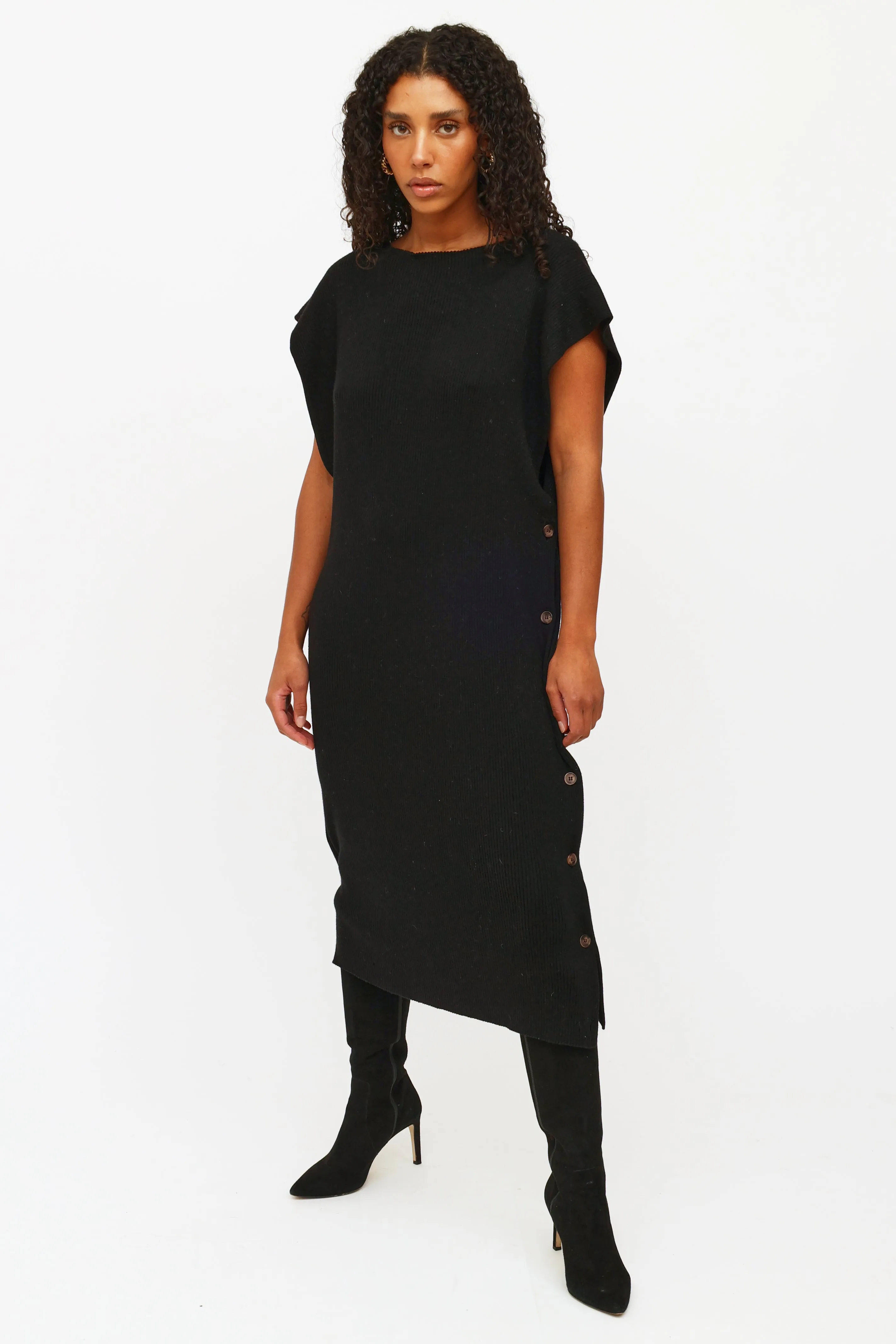 Black Rib Knit Sleeveless Dress