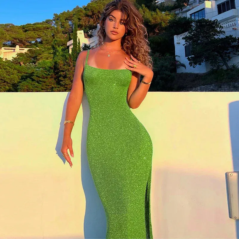 Bonnyshow Summer Women Spaghetti Strap Sheath Dress Lady Sexy Sleeveless Backless Solid Color Bandage Bodycon Sheath Dress