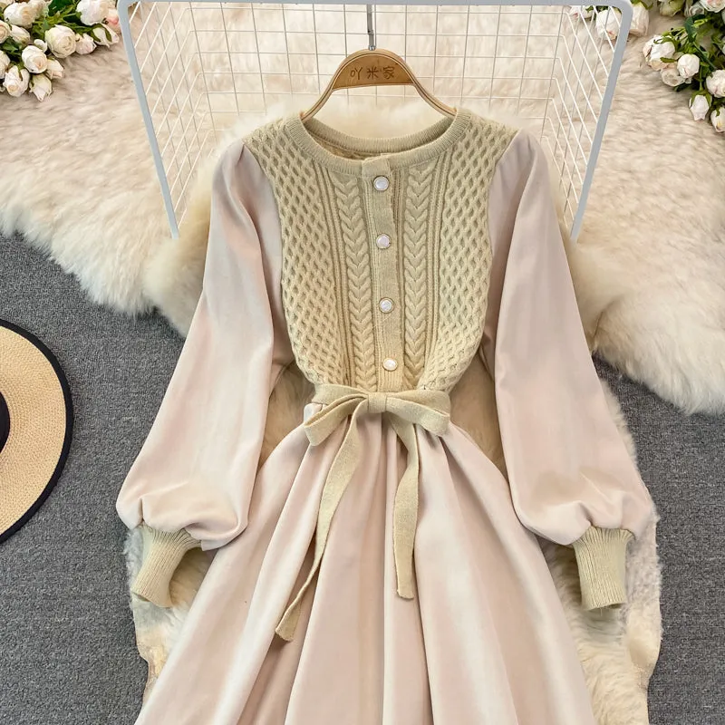 Crew neck twist knit stitched dress  3267