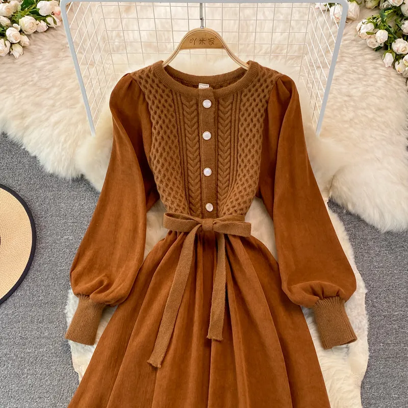 Crew neck twist knit stitched dress  3267