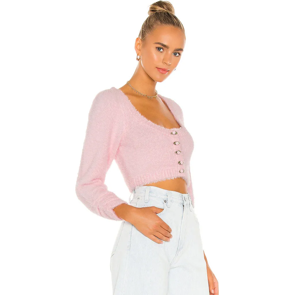 Cute Fuzzy Scoop Neck Sleeved Knitted Crop Cardigan - Pink