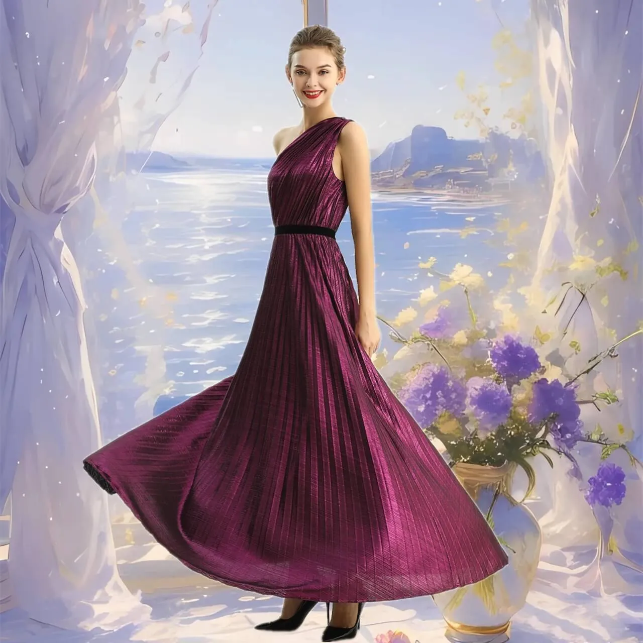 D203 Women metallic knit single shoulder sunburst pleated maxi evening dress