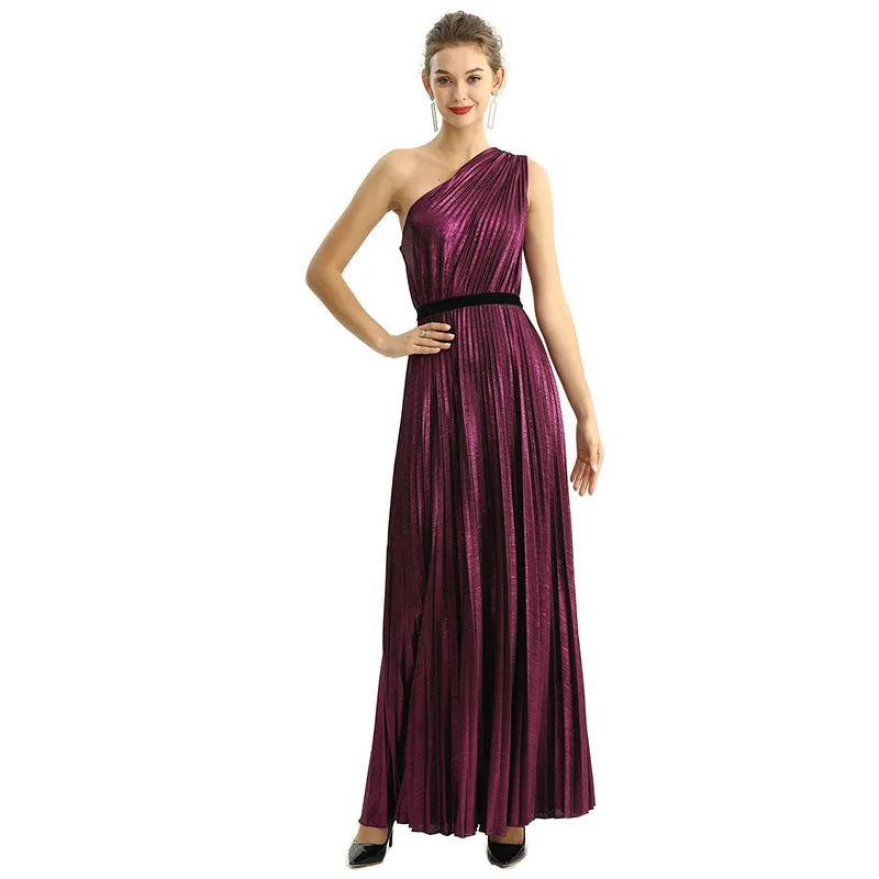 D203 Women metallic knit single shoulder sunburst pleated maxi evening dress