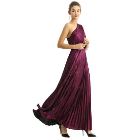 D203 Women metallic knit single shoulder sunburst pleated maxi evening dress