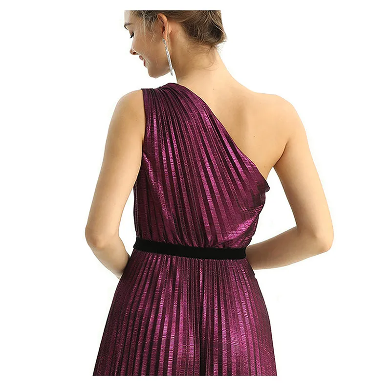 D203 Women metallic knit single shoulder sunburst pleated maxi evening dress