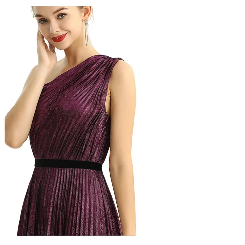 D203 Women metallic knit single shoulder sunburst pleated maxi evening dress
