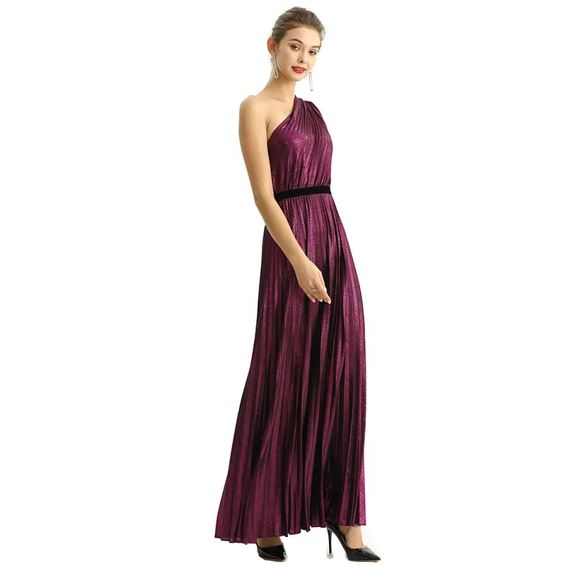 D203 Women metallic knit single shoulder sunburst pleated maxi evening dress