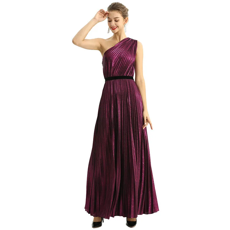 D203 Women metallic knit single shoulder sunburst pleated maxi evening dress