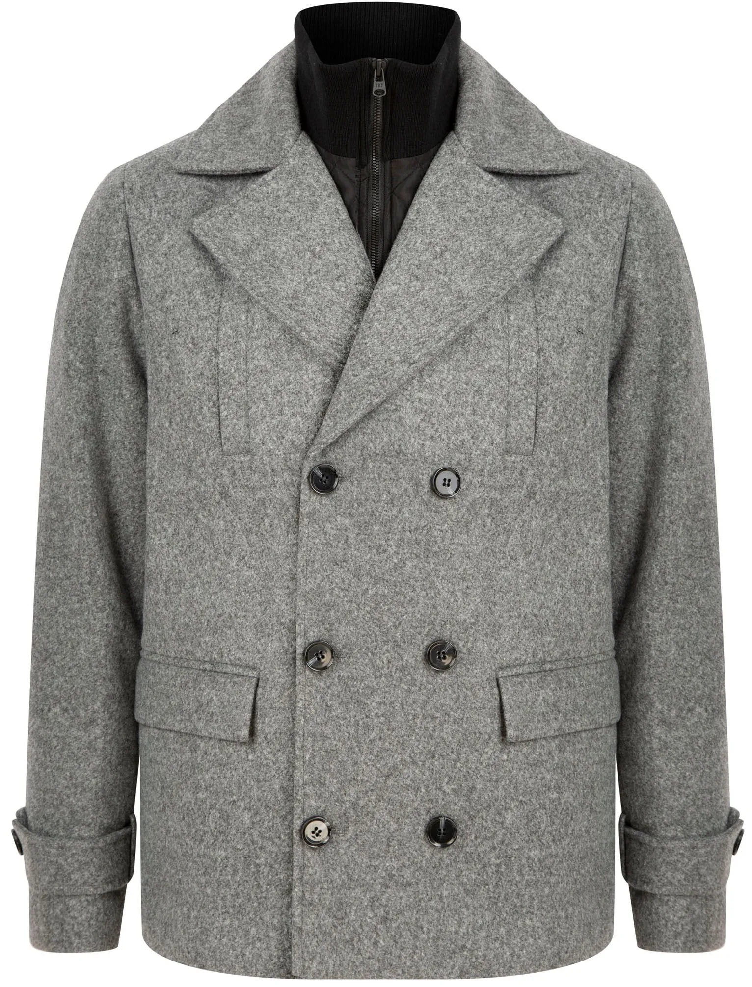 Finley Double Breasted Wool Look Pea Coat with Quilted Mock Insert in Mid Grey Marl - Tokyo Laundry