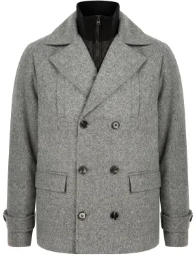 Finley Double Breasted Wool Look Pea Coat with Quilted Mock Insert in Mid Grey Marl - Tokyo Laundry