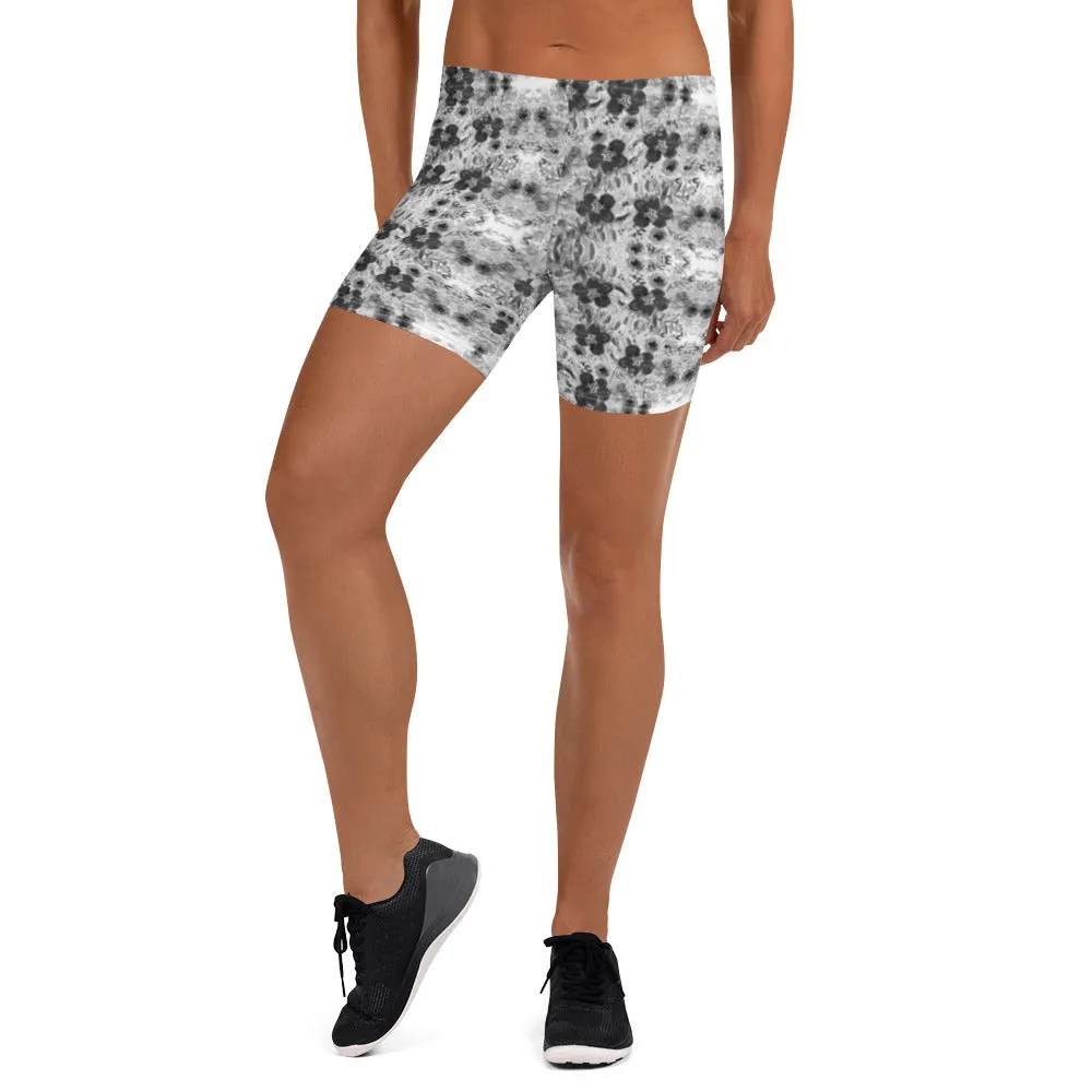 Grey Floral Women's Shorts, White Flower Print Fun Gym Tights For Ladies-Made in USA/EU/MX