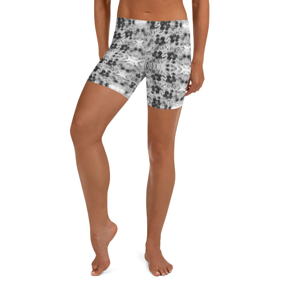 Grey Floral Women's Shorts, White Flower Print Fun Gym Tights For Ladies-Made in USA/EU/MX