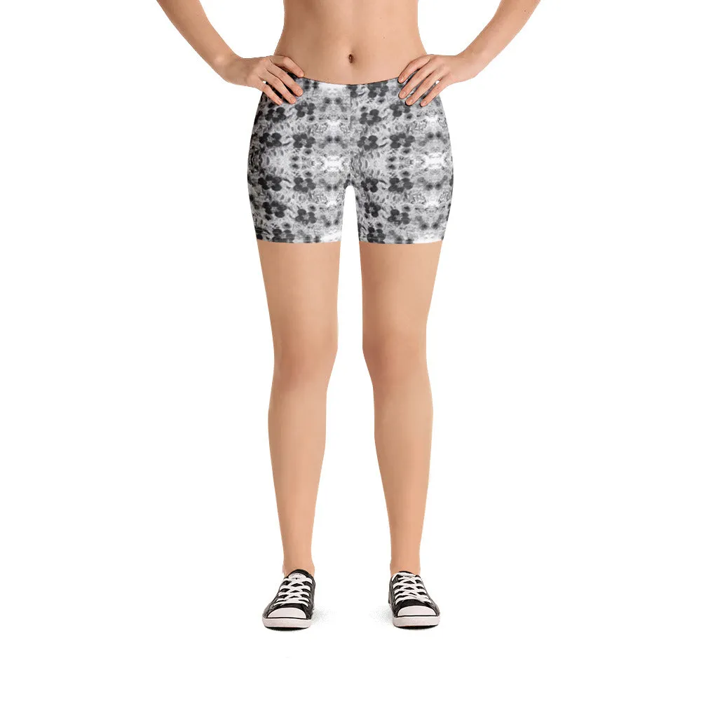 Grey Floral Women's Shorts, White Flower Print Fun Gym Tights For Ladies-Made in USA/EU/MX