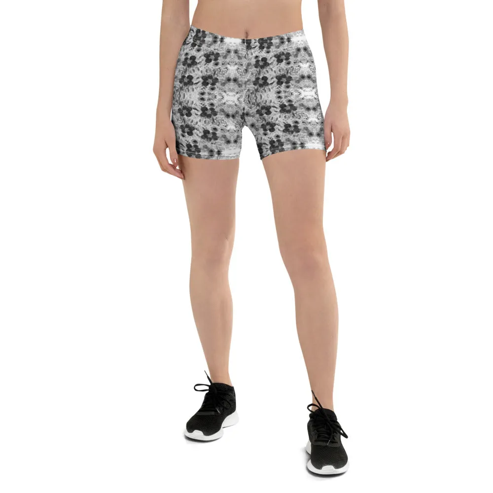 Grey Floral Women's Shorts, White Flower Print Fun Gym Tights For Ladies-Made in USA/EU/MX