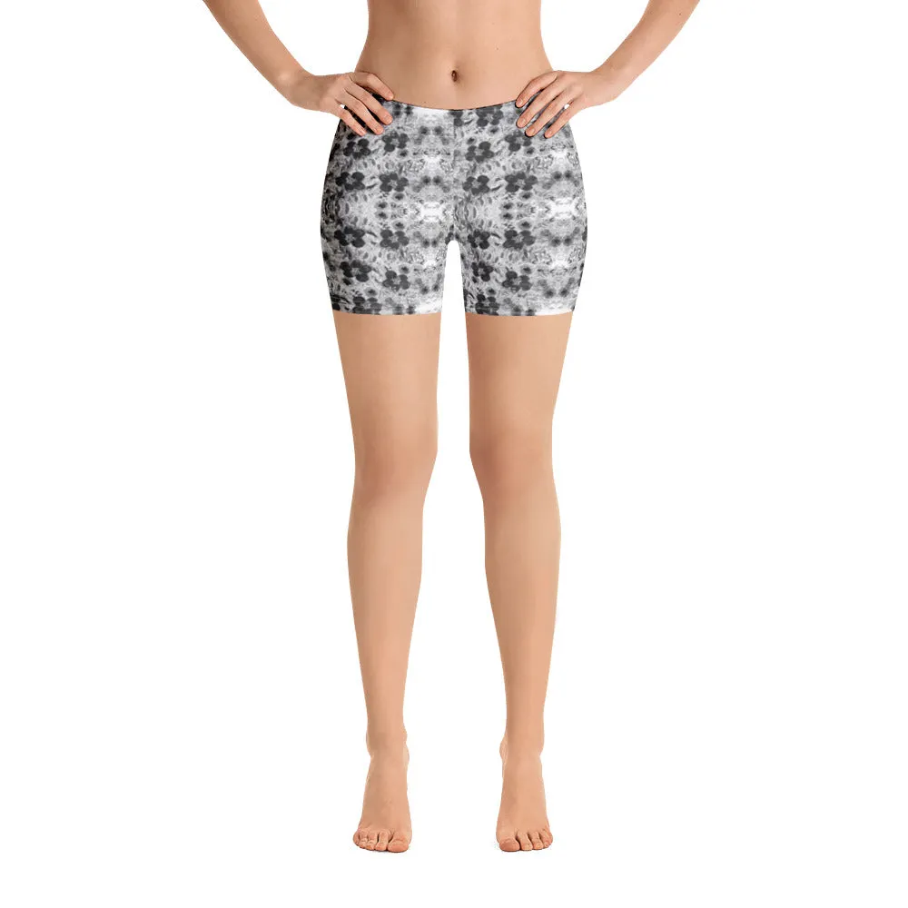 Grey Floral Women's Shorts, White Flower Print Fun Gym Tights For Ladies-Made in USA/EU/MX