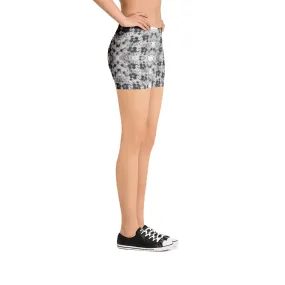 Grey Floral Women's Shorts, White Flower Print Fun Gym Tights For Ladies-Made in USA/EU/MX