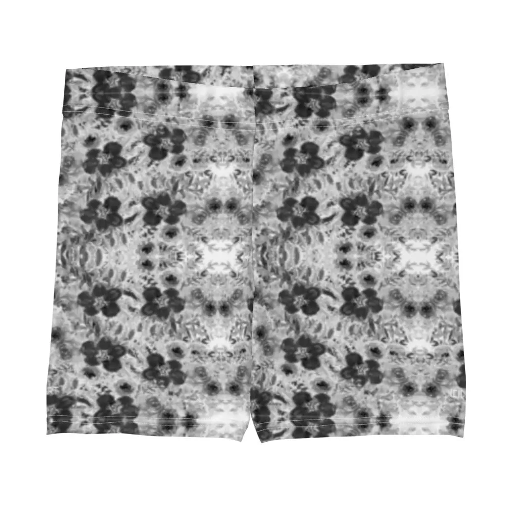 Grey Floral Women's Shorts, White Flower Print Fun Gym Tights For Ladies-Made in USA/EU/MX