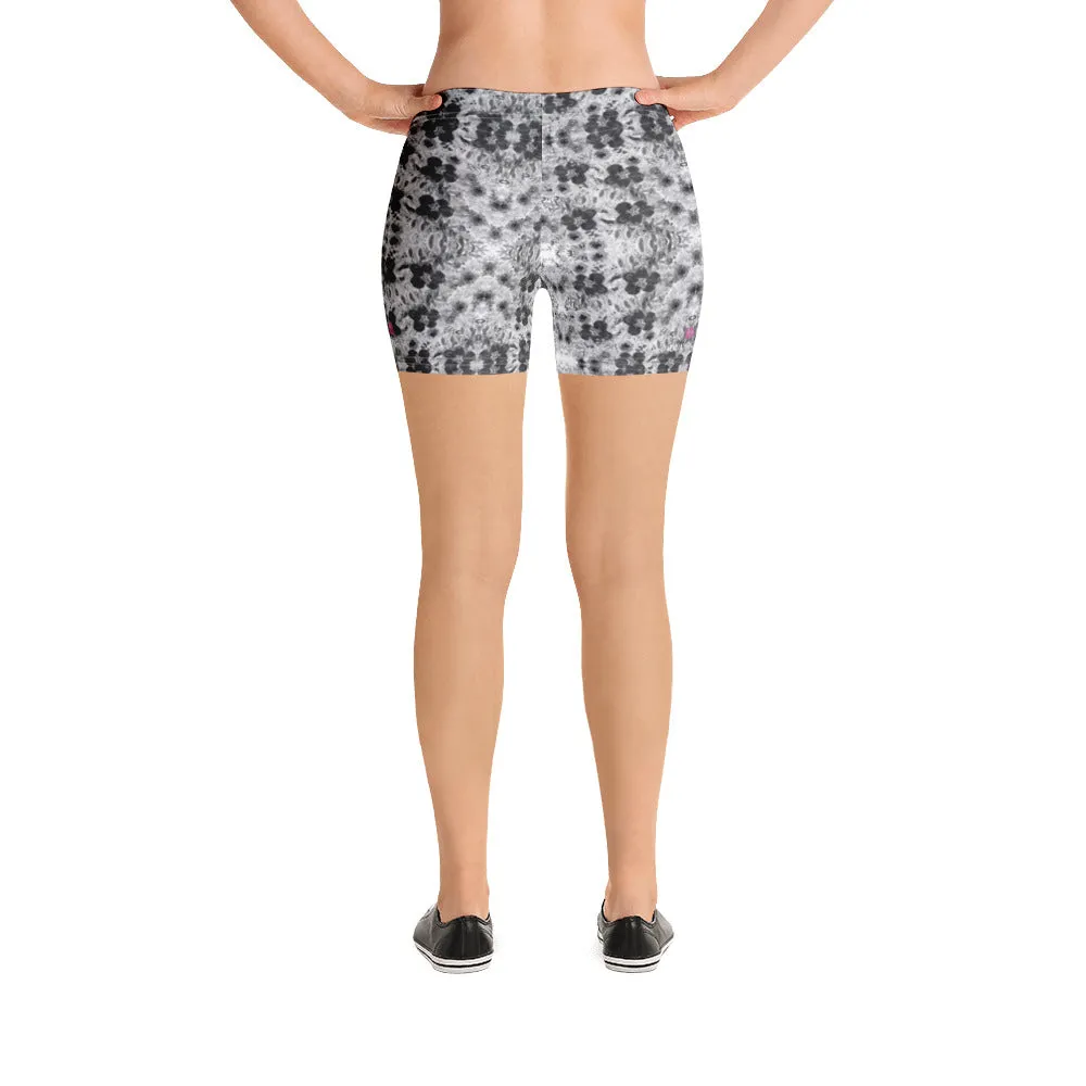 Grey Floral Women's Shorts, White Flower Print Fun Gym Tights For Ladies-Made in USA/EU/MX