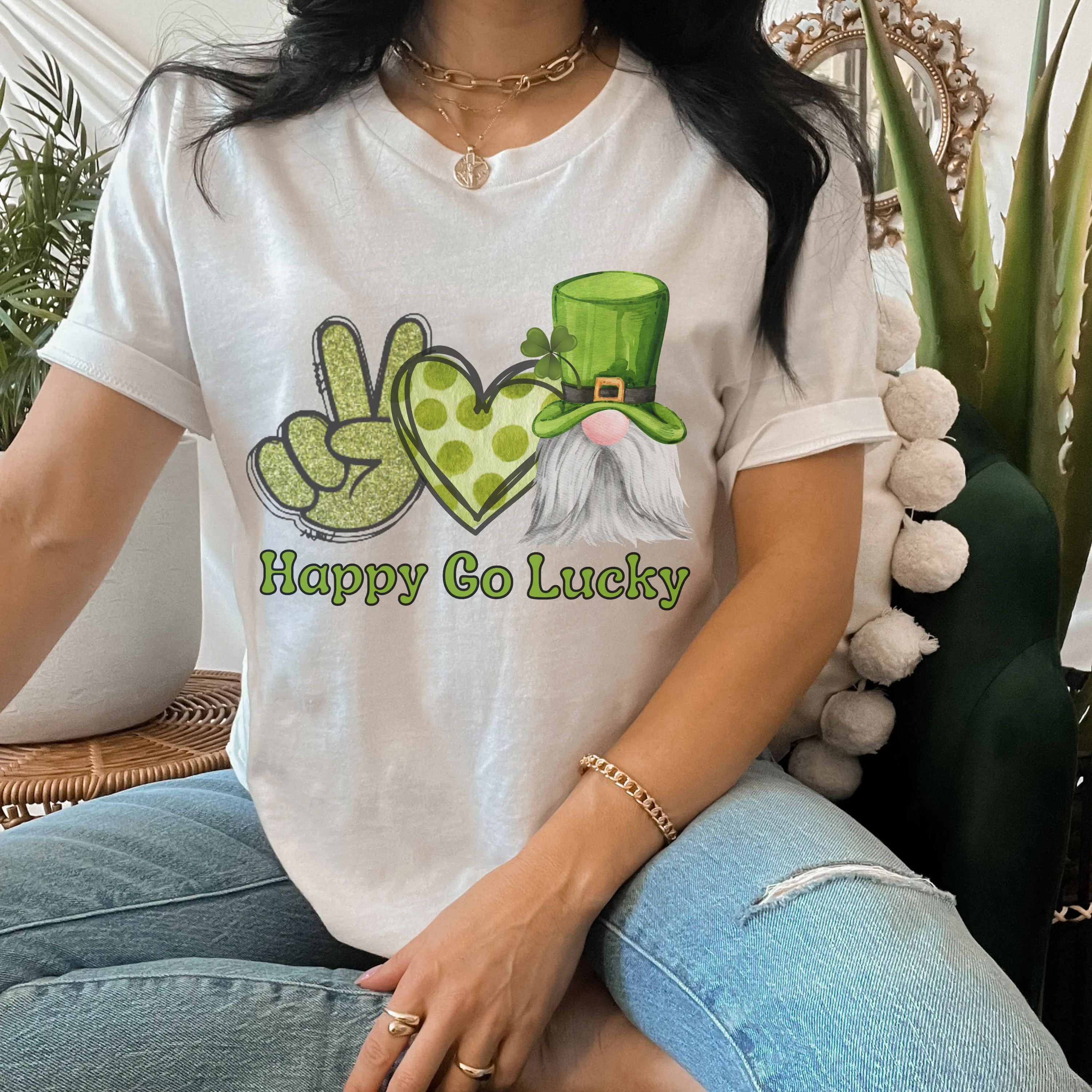Happy Go Lucky Cute Gnome St. Patrick's Day Peace Love Women's Crewneck Sweatshirt or T-Shirt or Spring Pullover St. Patrick's Gift