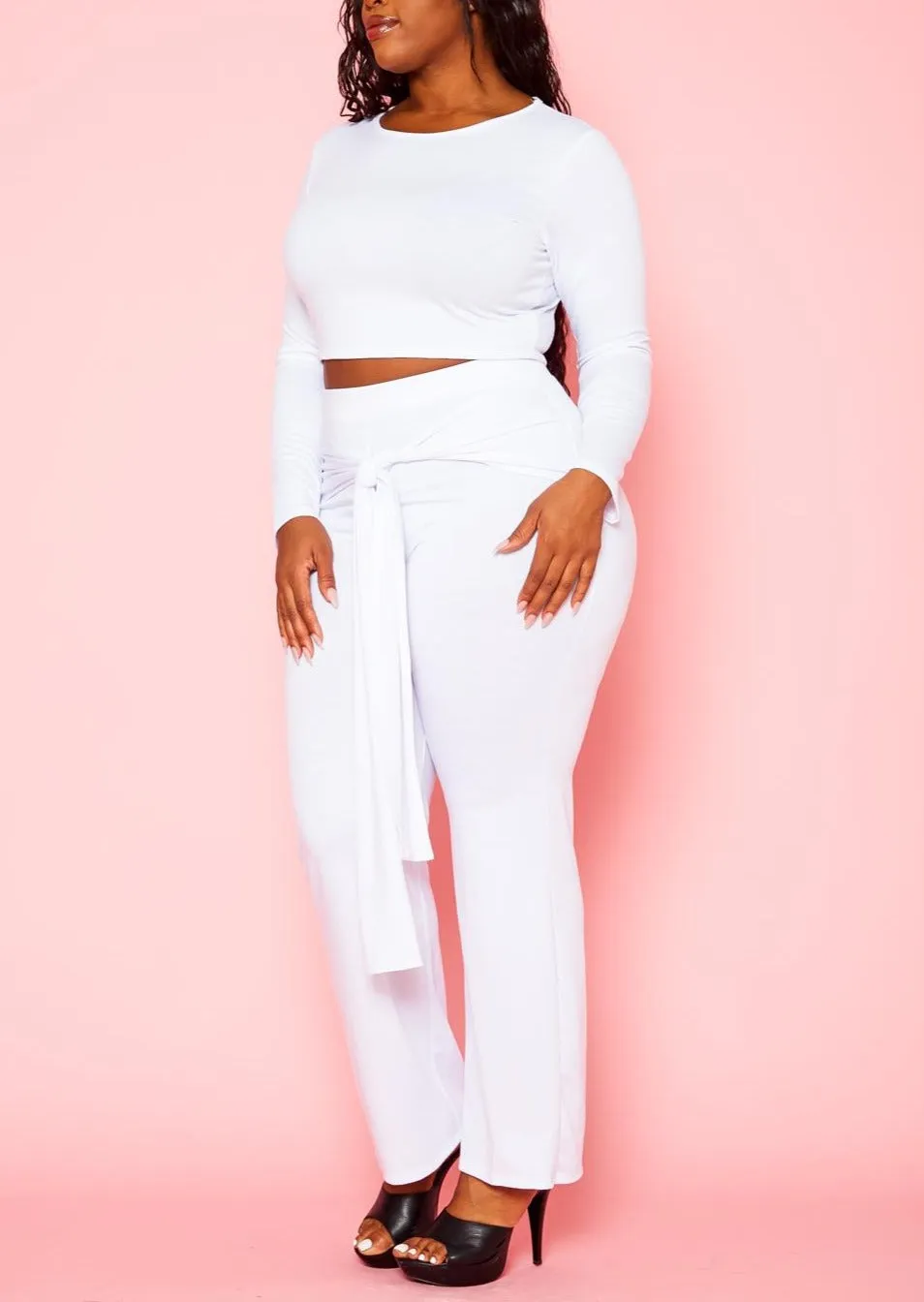 Hi Curvy Plus Size Women Crop Sweater & Belted Flare Pants Set