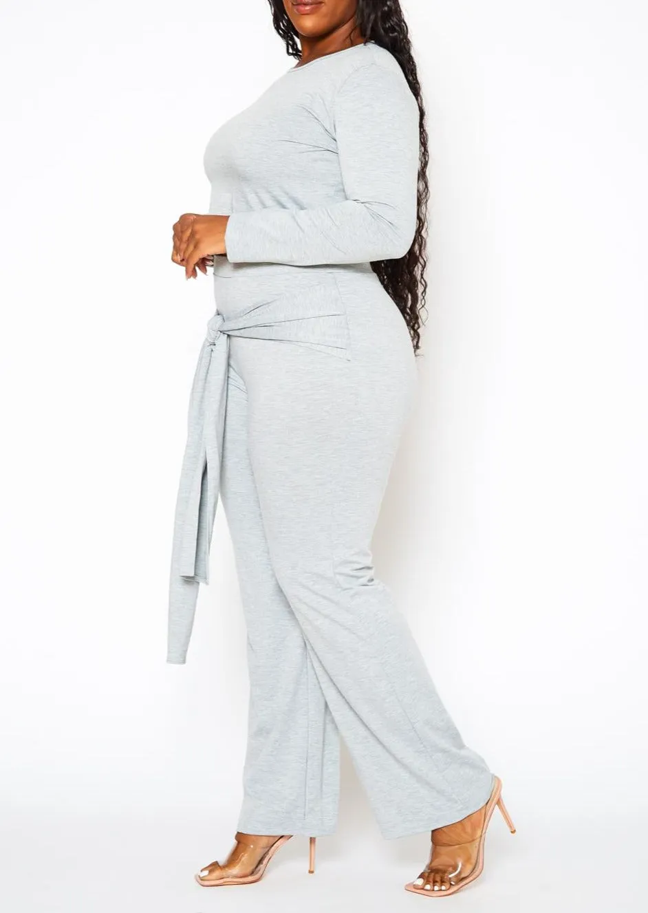Hi Curvy Plus Size Women Crop Sweater & Belted Flare Pants Set