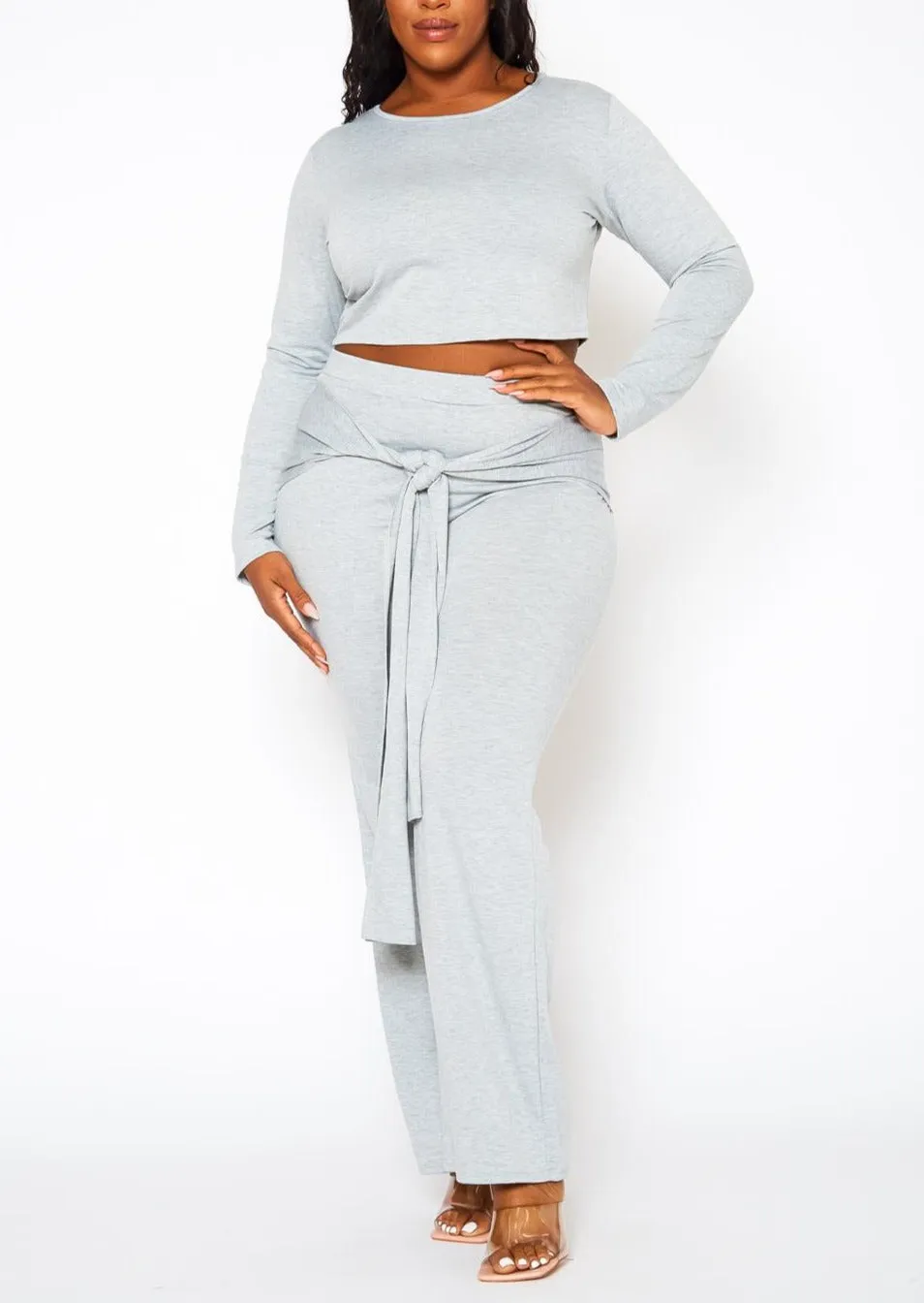 Hi Curvy Plus Size Women Crop Sweater & Belted Flare Pants Set