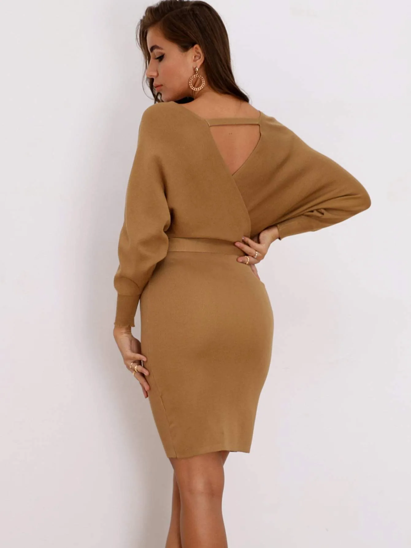 Joyfunear Batwing Sleeve Knot Bodycon Jumper Dress