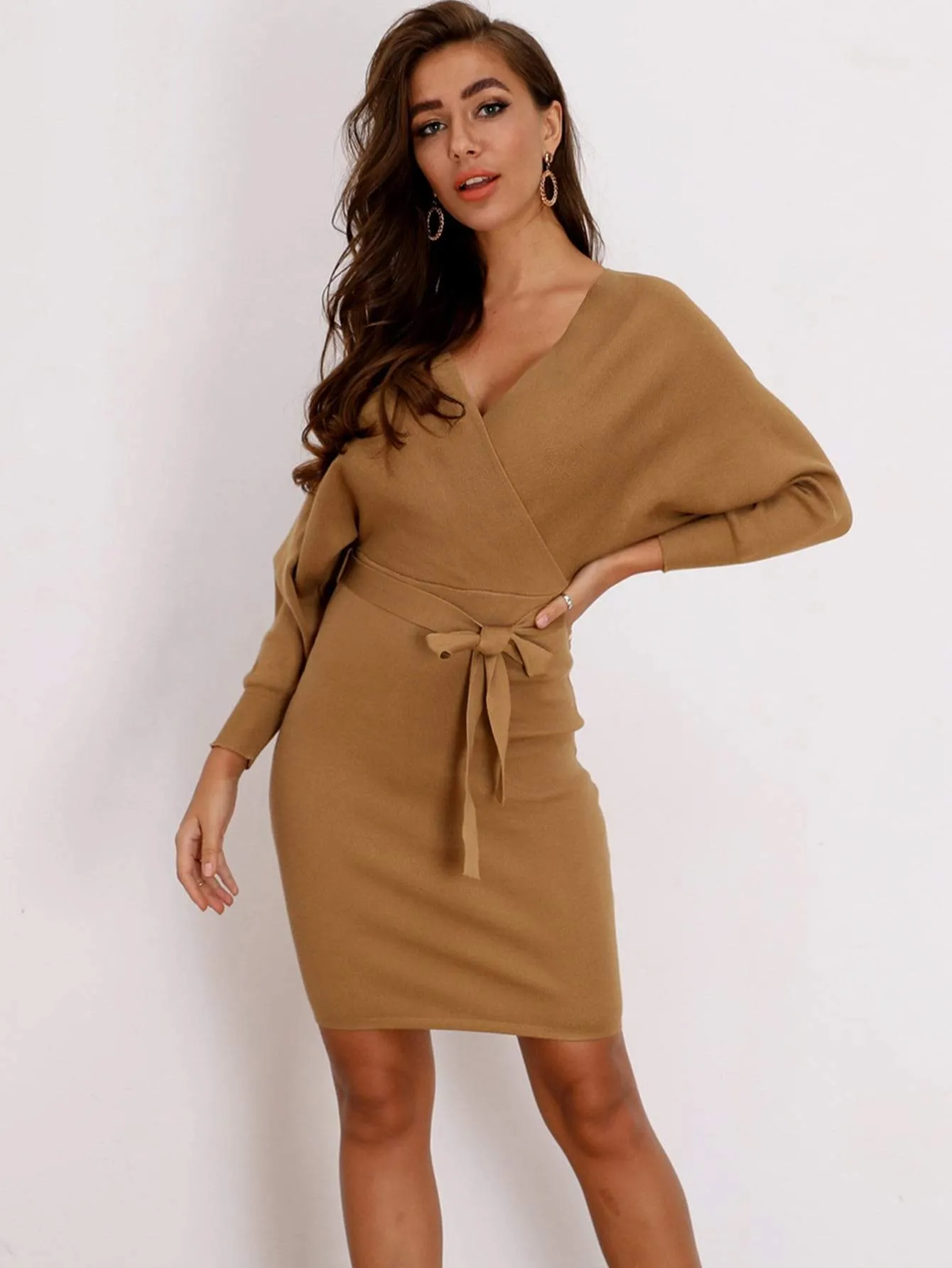 Joyfunear Batwing Sleeve Knot Bodycon Jumper Dress