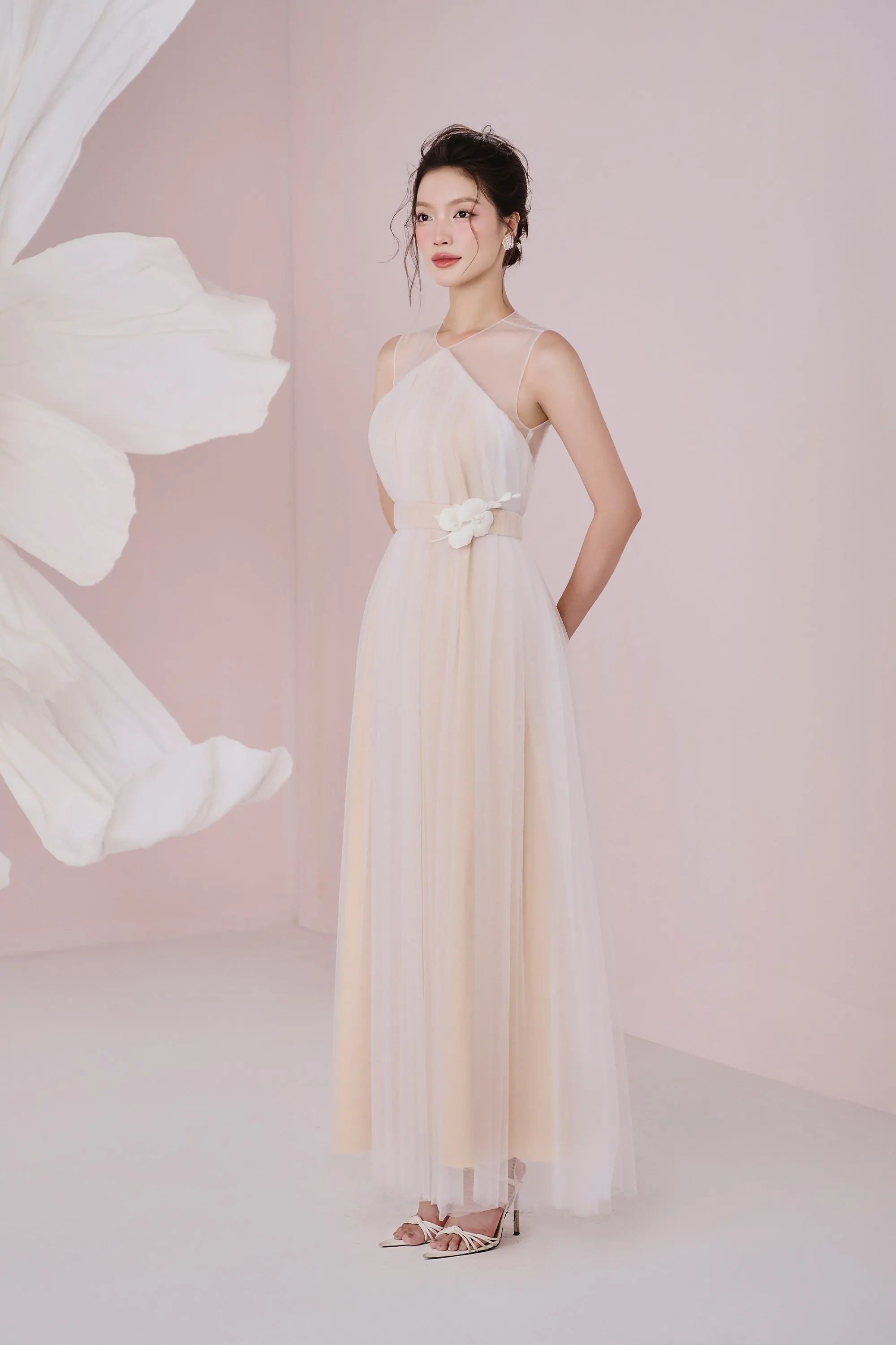 Kalila Gathered Sleeveless Mesh Maxi Dress