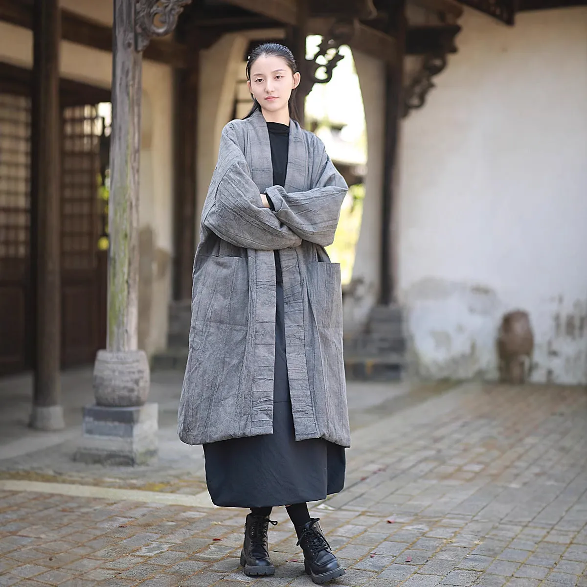 Ladies’ Retro Tie-Dye Quilted Ramie Coat with Long Sleeves