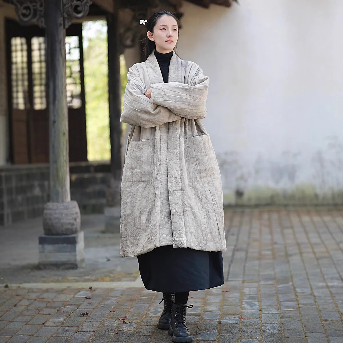 Ladies’ Retro Tie-Dye Quilted Ramie Coat with Long Sleeves