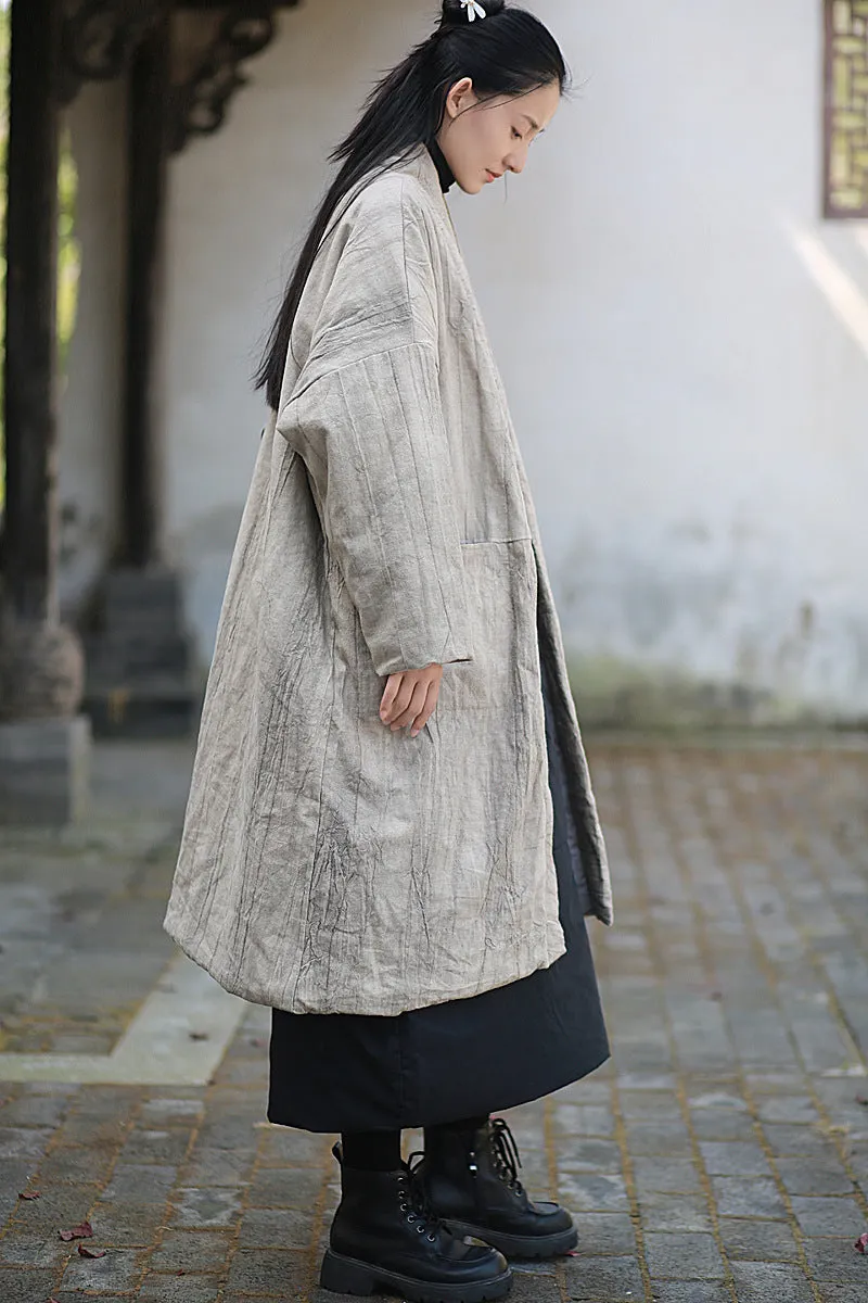 Ladies’ Retro Tie-Dye Quilted Ramie Coat with Long Sleeves