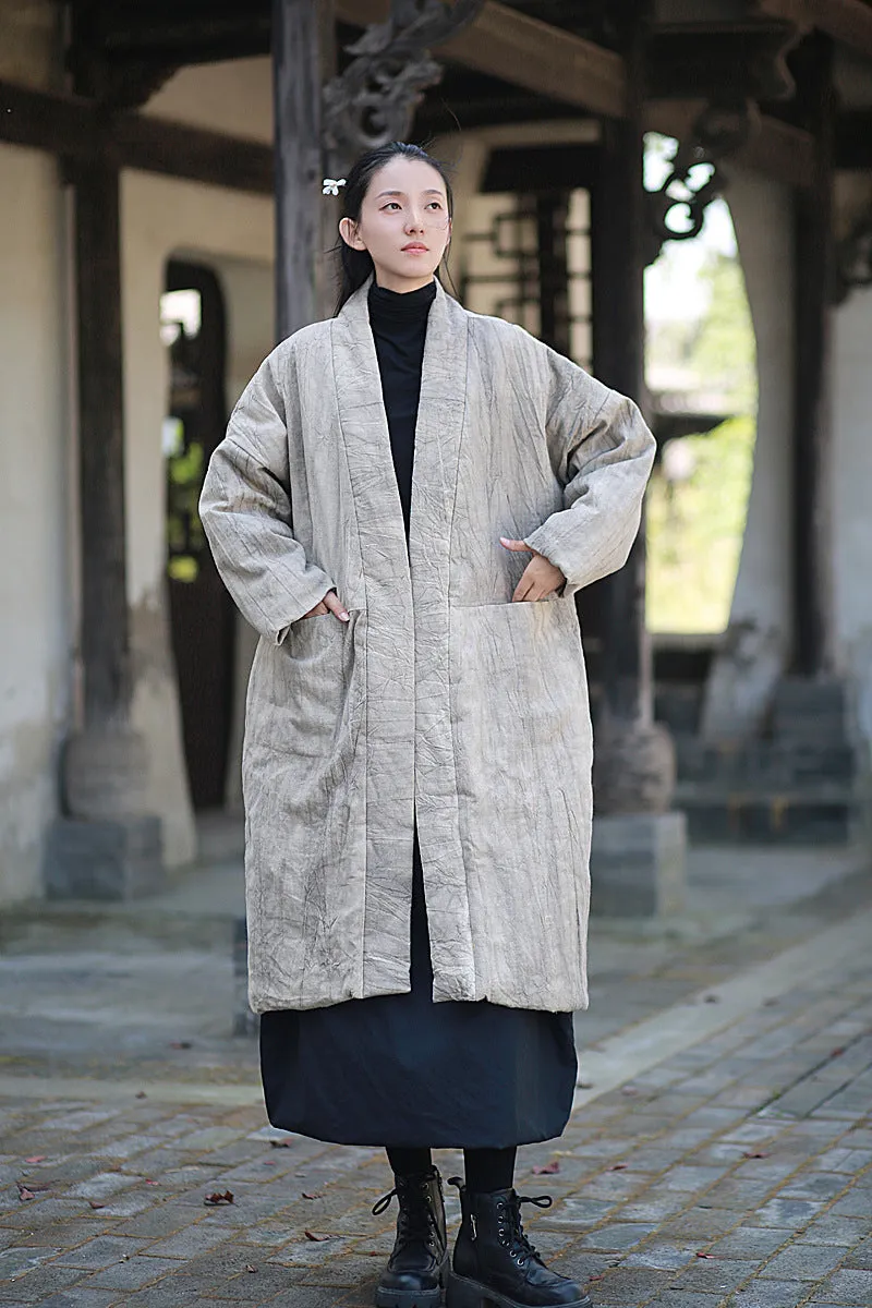 Ladies’ Retro Tie-Dye Quilted Ramie Coat with Long Sleeves
