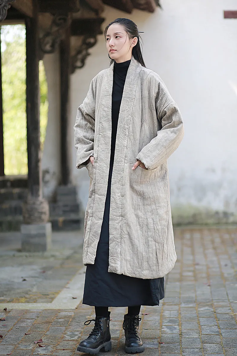 Ladies’ Retro Tie-Dye Quilted Ramie Coat with Long Sleeves
