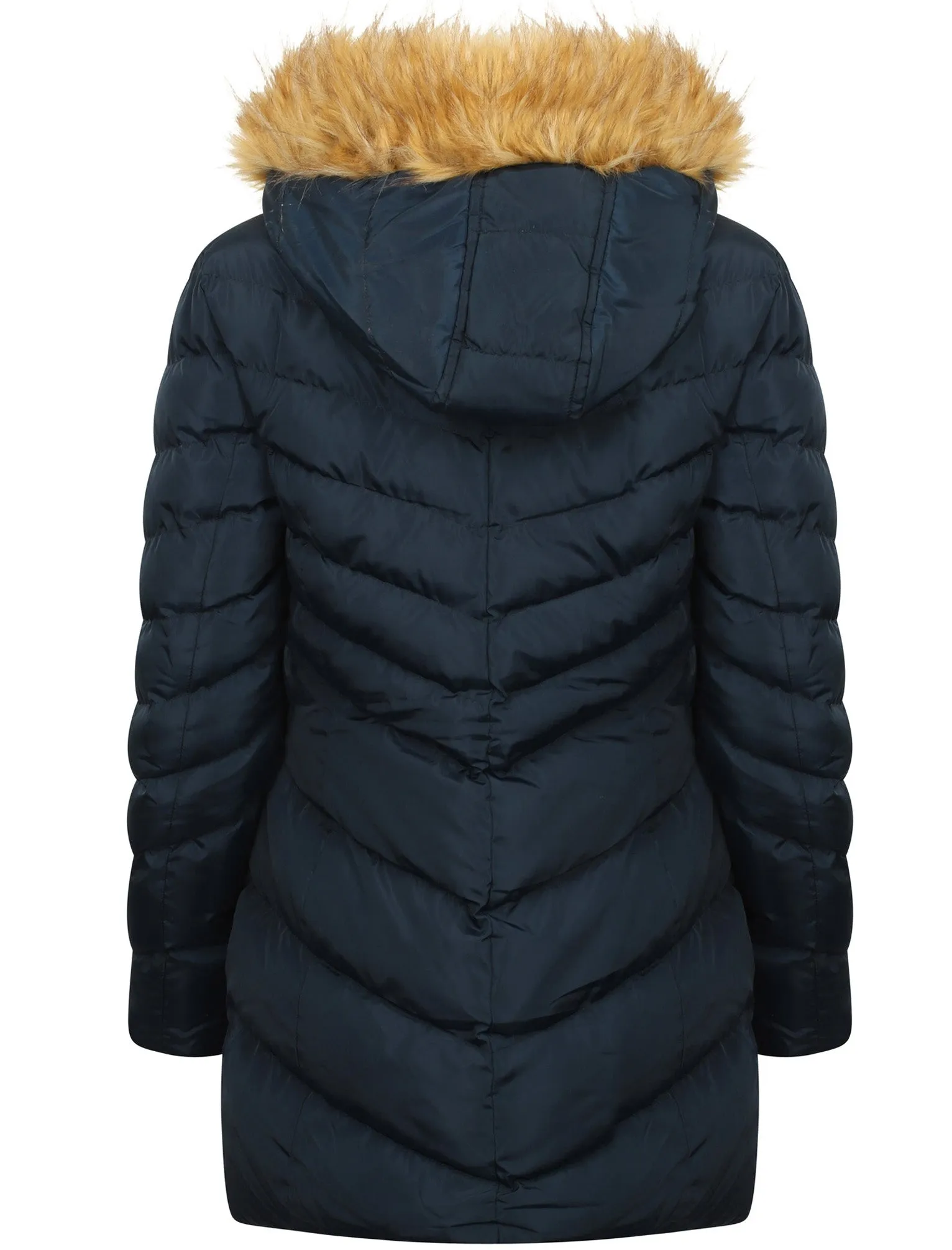 Lotus Longline Quilted Puffer Coat with Faux Fur Trim Hood in Navy - Tokyo Laundry
