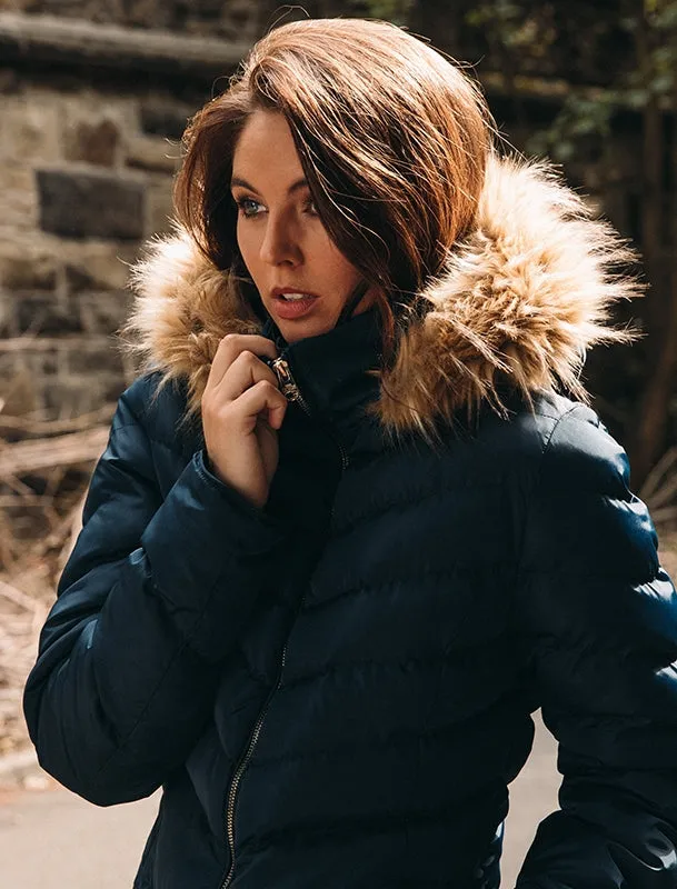 Lotus Longline Quilted Puffer Coat with Faux Fur Trim Hood in Navy - Tokyo Laundry