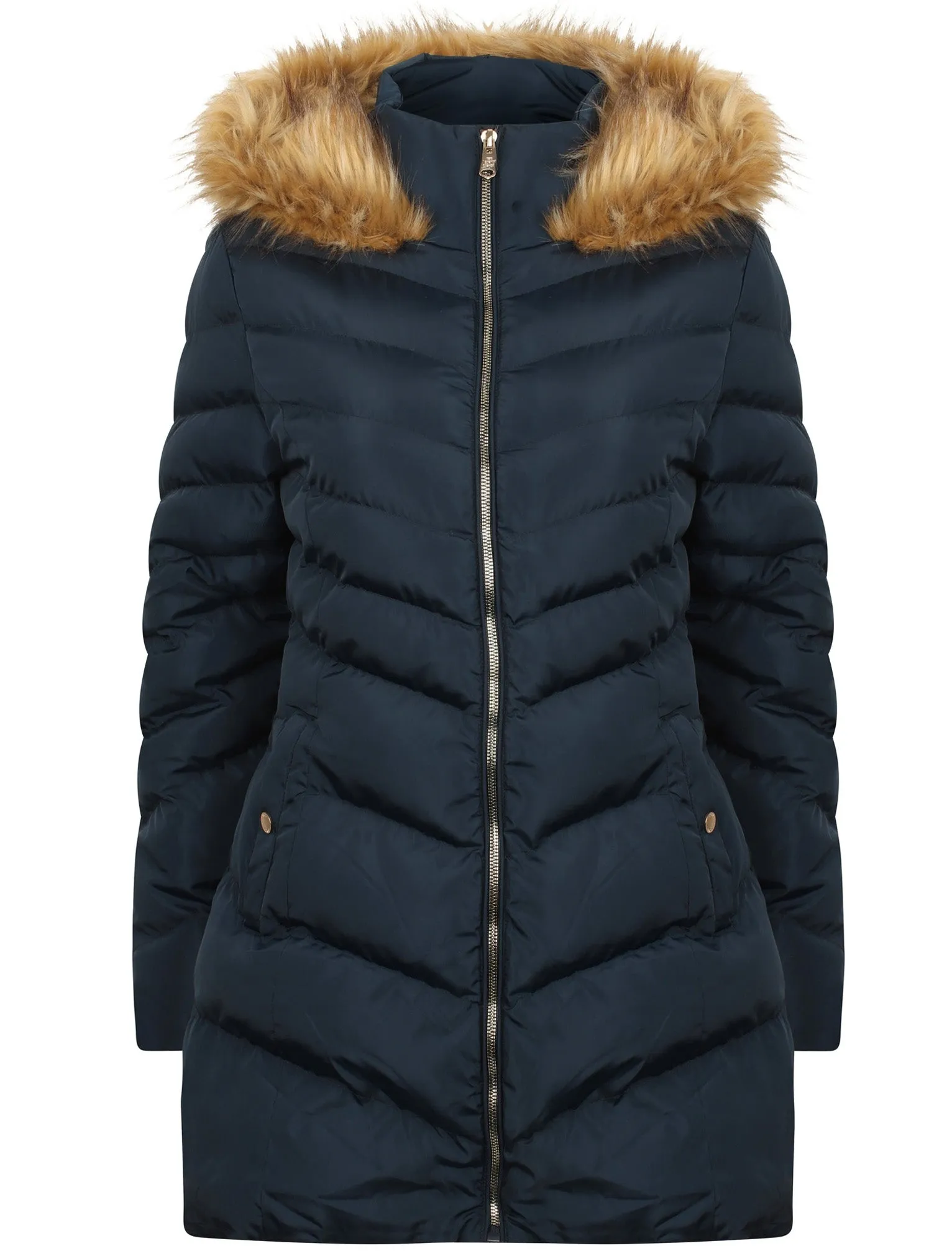 Lotus Longline Quilted Puffer Coat with Faux Fur Trim Hood in Navy - Tokyo Laundry