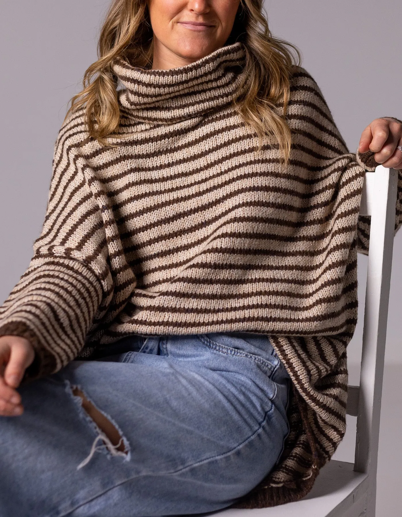 Monika Oversize Knit Jumper in Chocolate/Beige Stripe