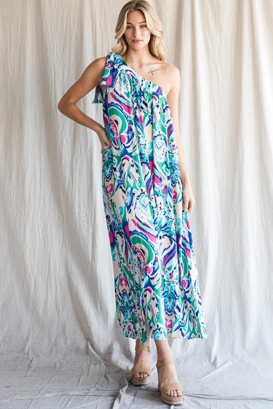 Multi Color Print One Shoulder Self-Tie Dress