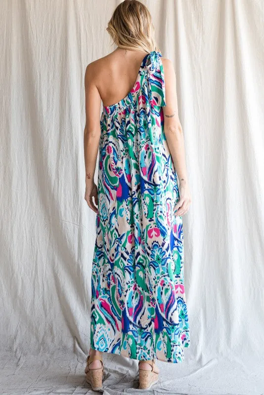 Multi Color Print One Shoulder Self-Tie Dress