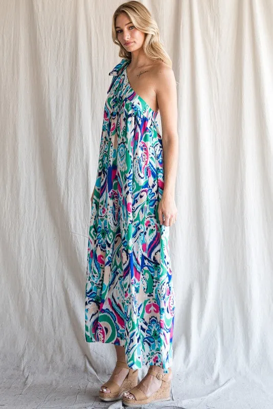 Multi Color Print One Shoulder Self-Tie Dress