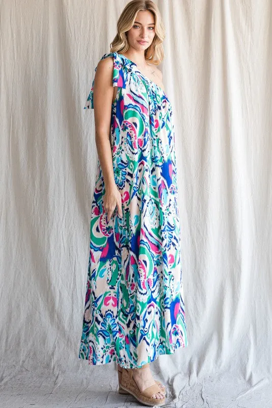 Multi Color Print One Shoulder Self-Tie Dress