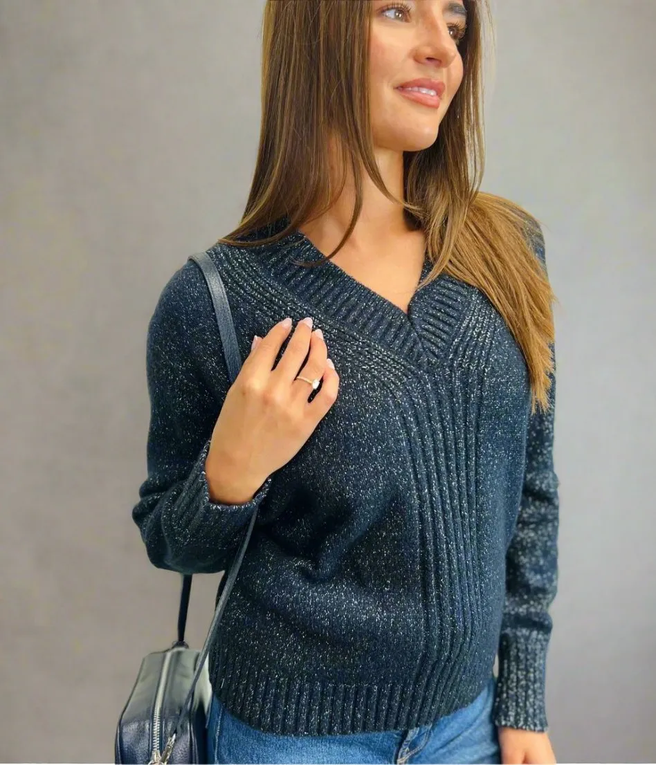 Navy Sparkle V Neck Jumper