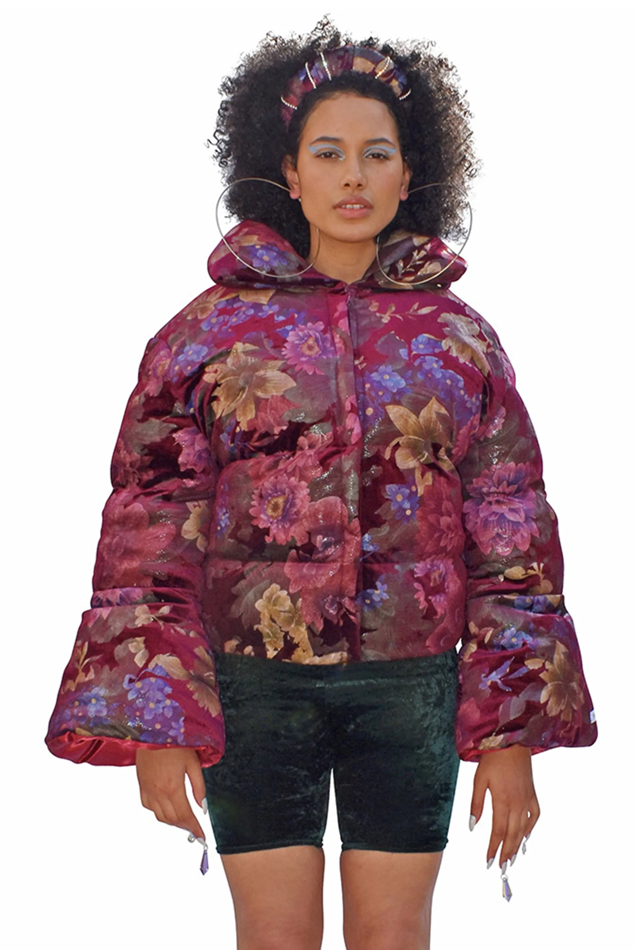 Opera Oversized Puffer Jacket Wine Floral